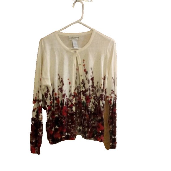 Cathy daniels Womans Button Front Sweater size large roses button front white - Picture 1 of 5